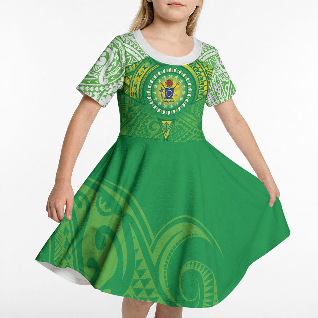 Cook Islands Manta Ray Kid Short Sleeve Dress Kuki Airani Tattoo Green Color LT14 - Polynesian Pride