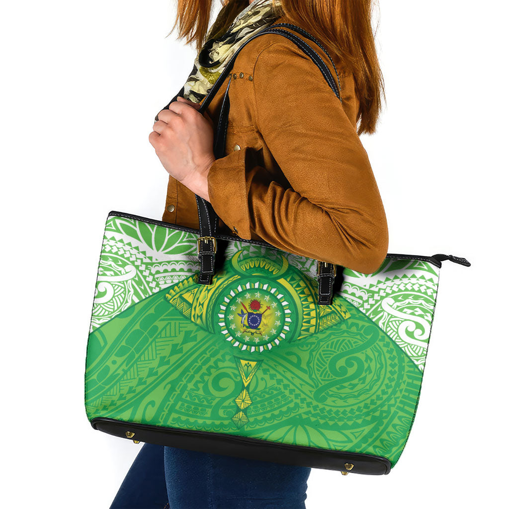 Cook Islands Manta Ray Leather Tote Bag Kuki Airani Tattoo Green Color
