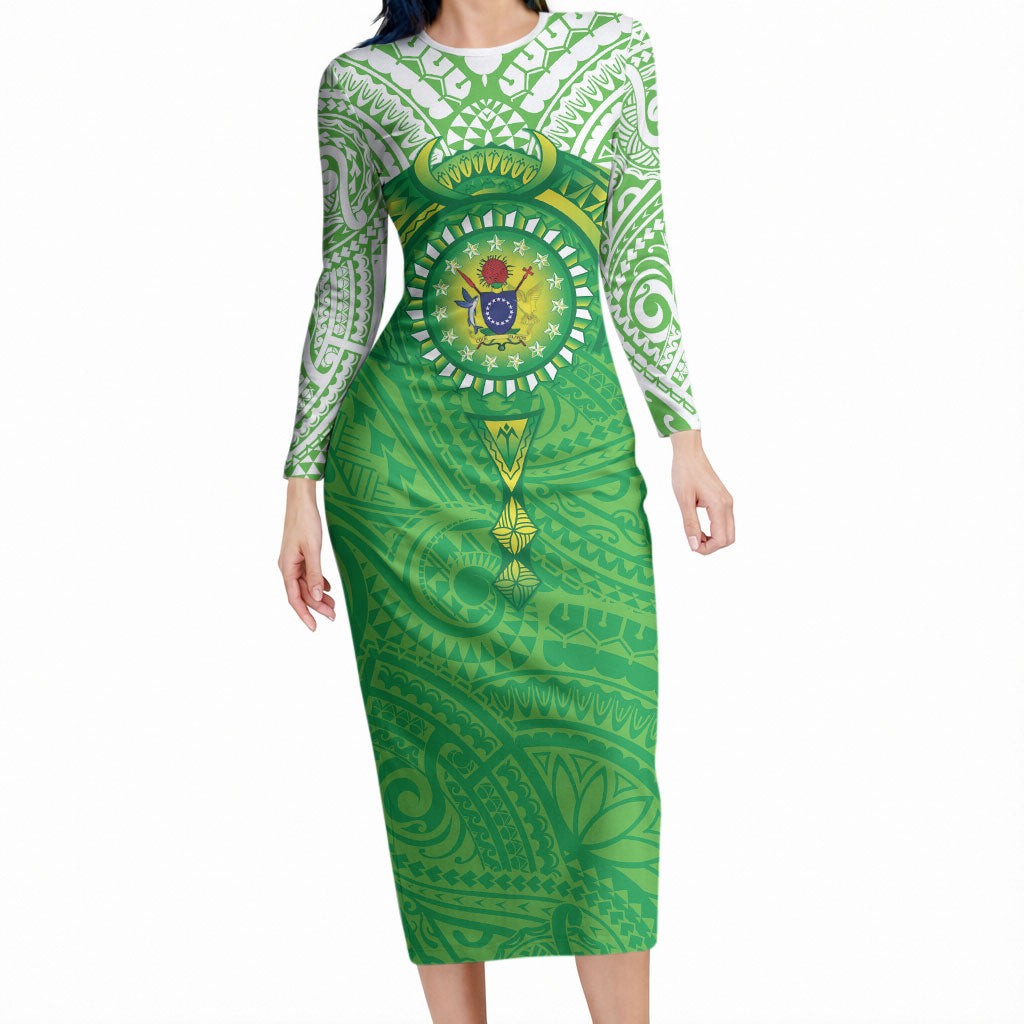 Cook Islands Manta Ray Long Sleeve Bodycon Dress Kuki Airani Tattoo Green Color