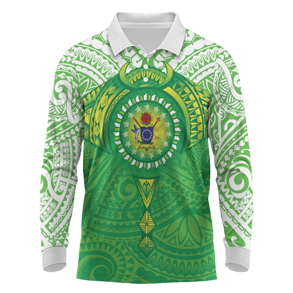 Cook Islands Manta Ray Long Sleeve Polo Shirt Kuki Airani Tattoo Green Color