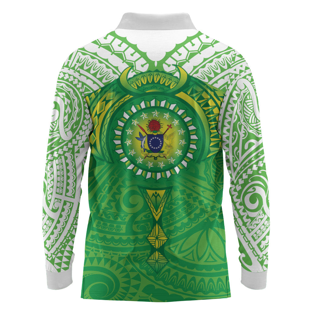 Cook Islands Manta Ray Long Sleeve Polo Shirt Kuki Airani Tattoo Green Color LT14 - Polynesian Pride