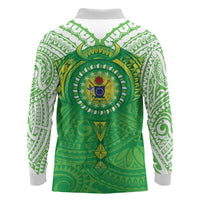 Cook Islands Manta Ray Long Sleeve Polo Shirt Kuki Airani Tattoo Green Color LT14 - Polynesian Pride