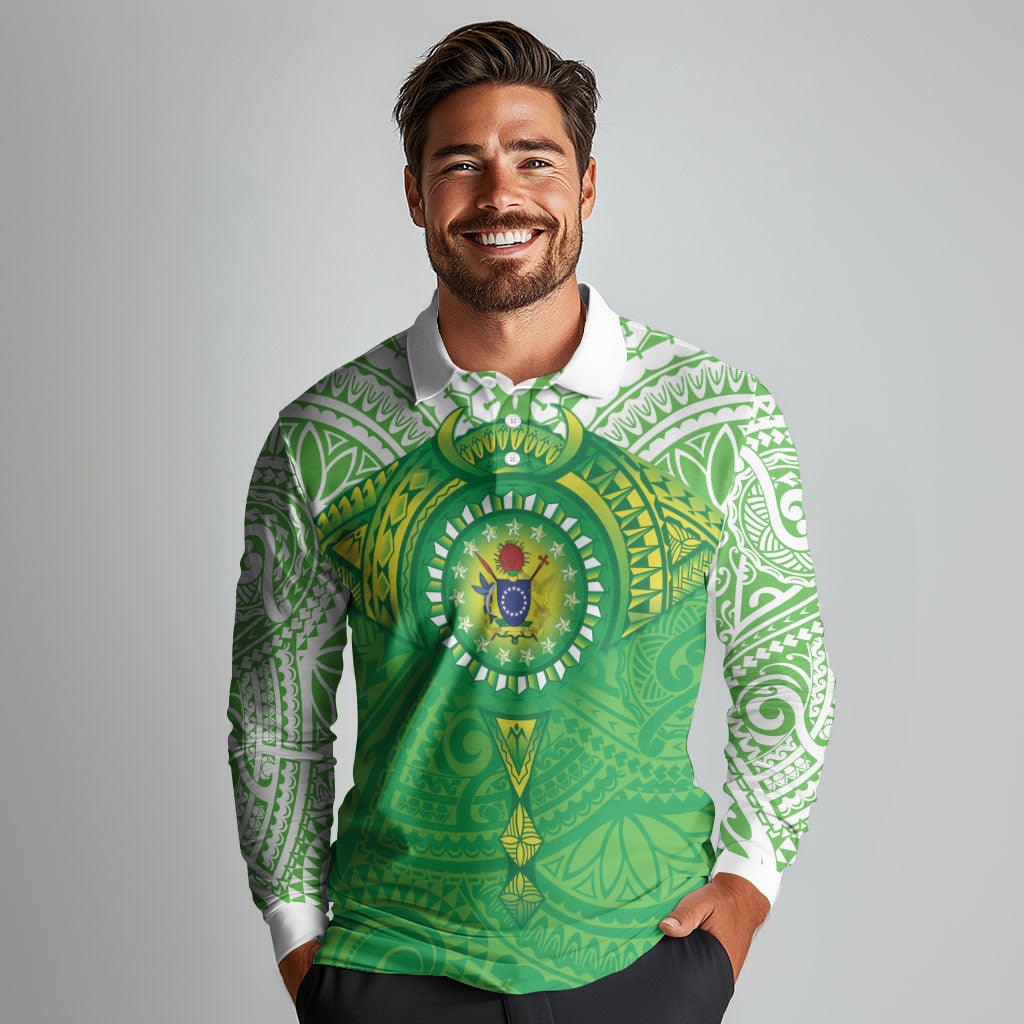 Cook Islands Manta Ray Long Sleeve Polo Shirt Kuki Airani Tattoo Green Color LT14 - Polynesian Pride