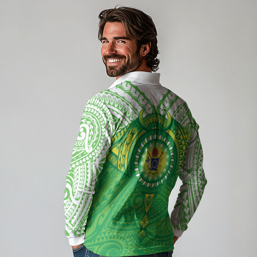 Cook Islands Manta Ray Long Sleeve Polo Shirt Kuki Airani Tattoo Green Color LT14 - Polynesian Pride