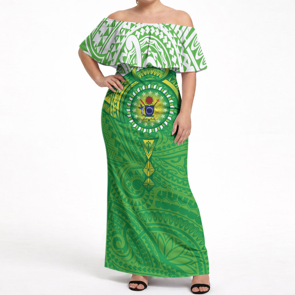 Cook Islands Manta Ray Off Shoulder Maxi Dress Kuki Airani Tattoo Green Color