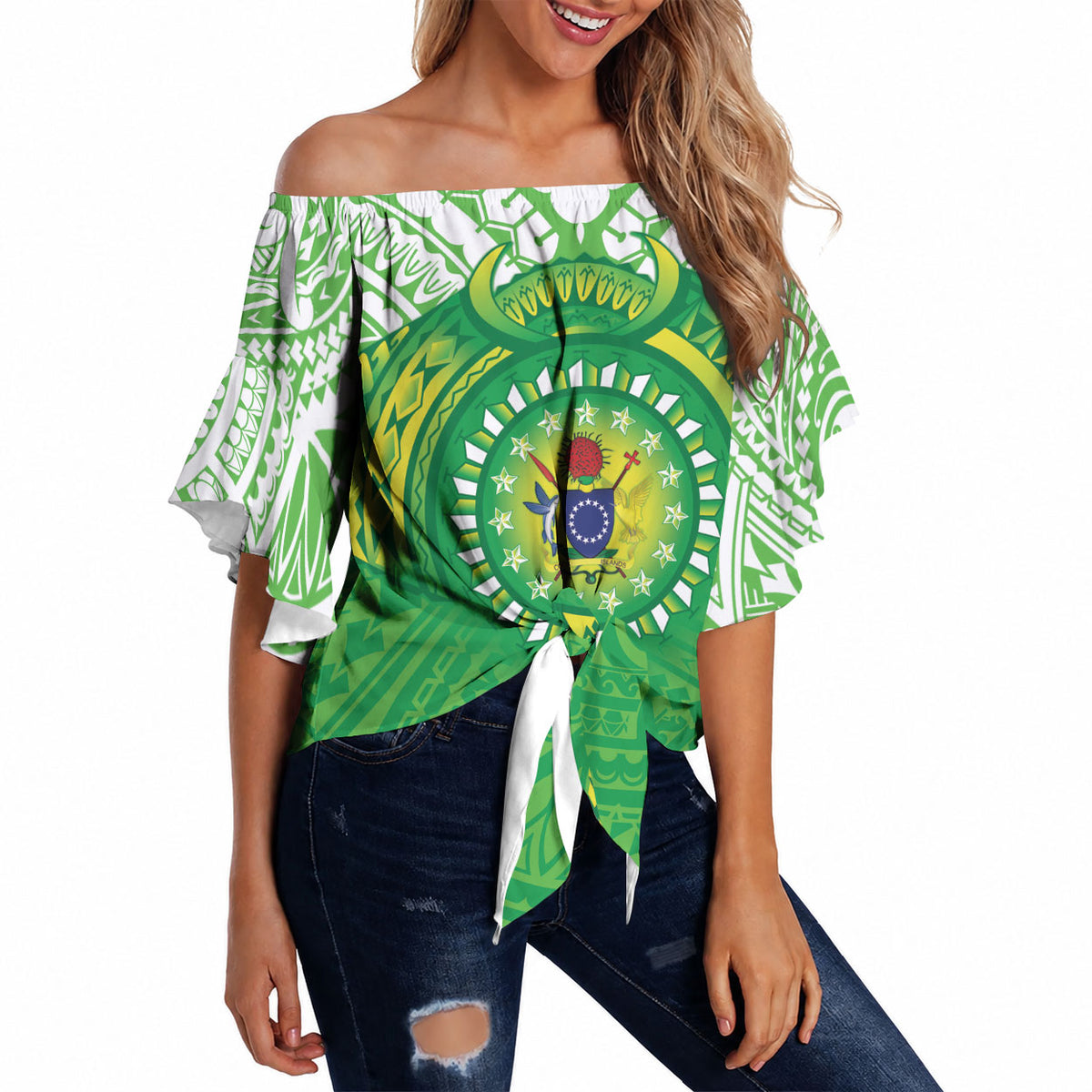 Cook Islands Manta Ray Off Shoulder Wrap Waist Top Kuki Airani Tattoo Green Color LT14 Green - Polynesian Pride