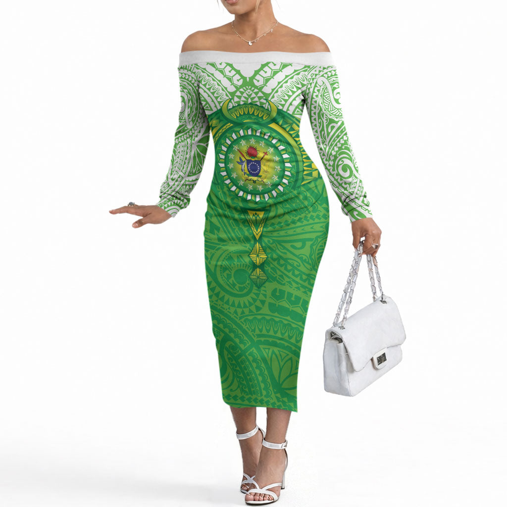 Cook Islands Manta Ray Off The Shoulder Long Sleeve Dress Kuki Airani Tattoo Green Color