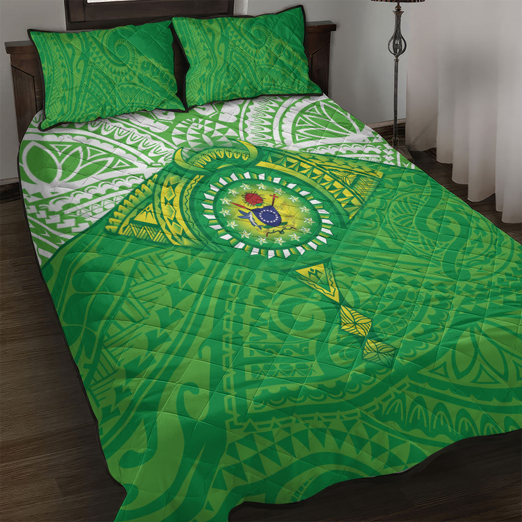 Cook Islands Manta Ray Quilt Bed Set Kuki Airani Tattoo Green Color