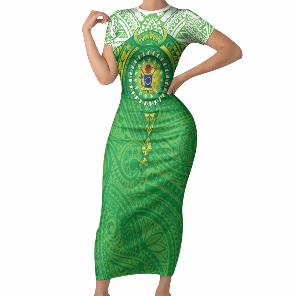 Cook Islands Manta Ray Short Sleeve Bodycon Dress Kuki Airani Tattoo Green Color