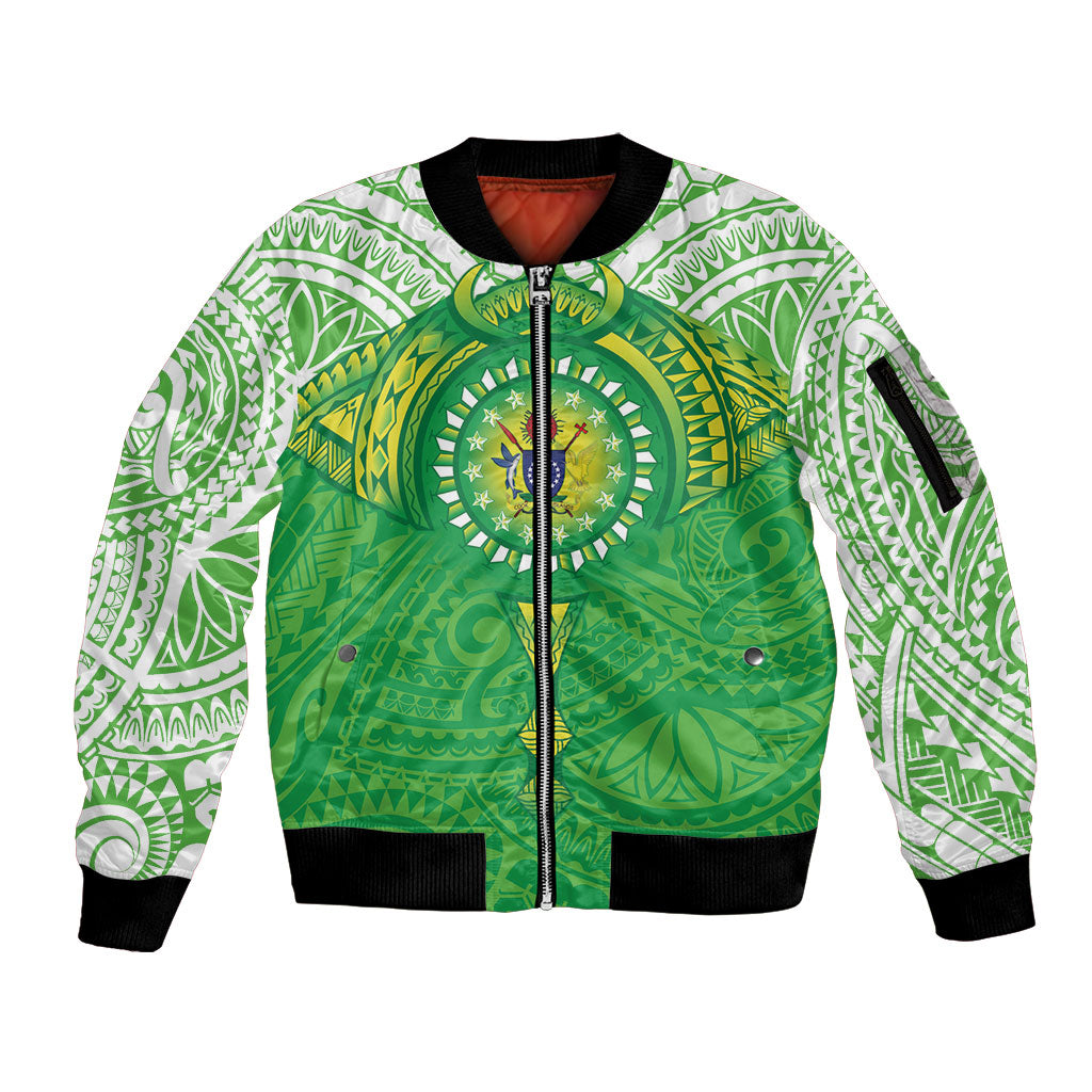 Cook Islands Manta Ray Sleeve Zip Bomber Jacket Kuki Airani Tattoo Green Color
