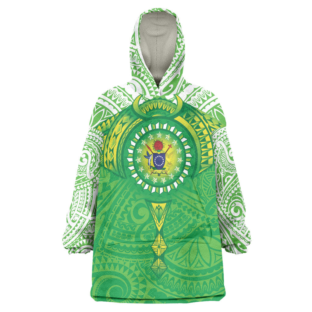 Cook Islands Manta Ray Wearable Blanket Hoodie Kuki Airani Tattoo Green Color