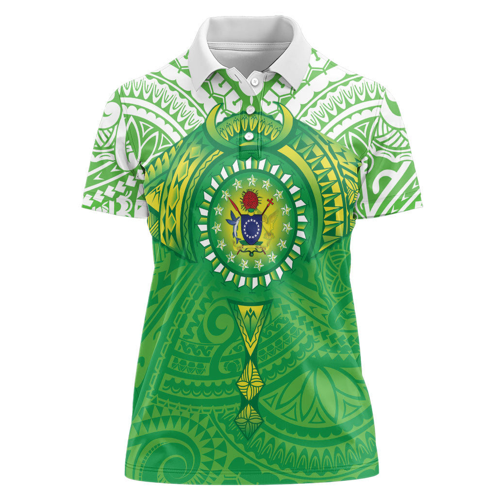 Cook Islands Manta Ray Women Polo Shirt Kuki Airani Tattoo Green Color