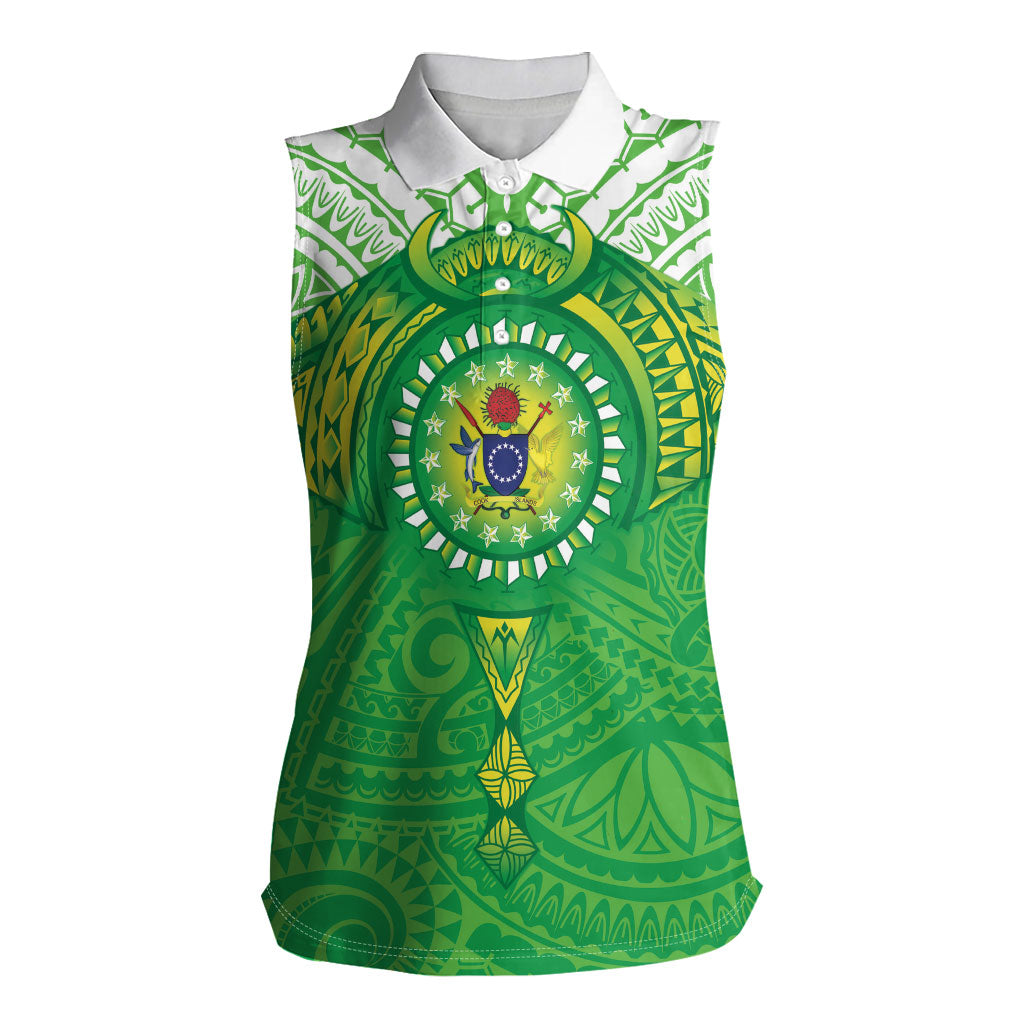 Cook Islands Manta Ray Women Sleeveless Polo Shirt Kuki Airani Tattoo Green Color