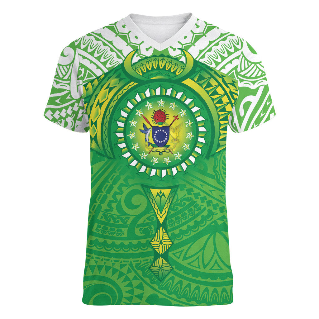 Cook Islands Manta Ray Women V-Neck T-Shirt Kuki Airani Tattoo Green Color