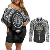 Cook Islands Manta Ray Couples Matching Off Shoulder Short Dress and Long Sleeve Button Shirt Kuki Airani Tattoo Black Color LT14 Black - Polynesian Pride