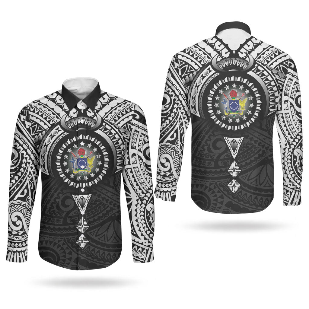 Cook Islands Manta Ray Couples Matching Off Shoulder Short Dress and Long Sleeve Button Shirt Kuki Airani Tattoo Black Color LT14 - Polynesian Pride