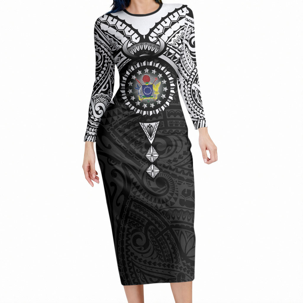 Cook Islands Manta Ray Long Sleeve Bodycon Dress Kuki Airani Tattoo Black Color LT14 Long Dress Black - Polynesian Pride