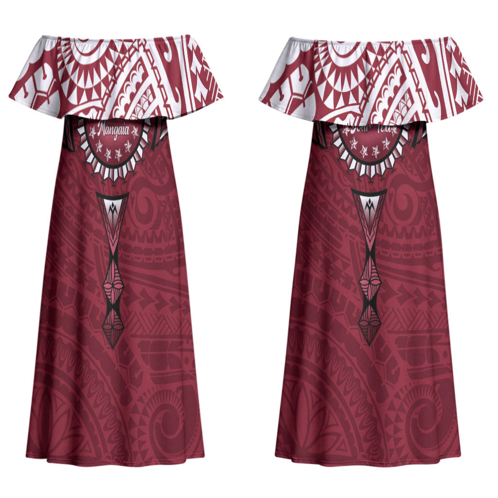 Personalised Cook Islands Mangaia Couples Matching Off Shoulder Maxi Dress and Long Sleeve Button Shirt Map With Kuki Airani Manta Ray Tattoo LT14 - Polynesian Pride