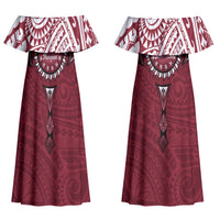 Personalised Cook Islands Mangaia Couples Matching Off Shoulder Maxi Dress and Long Sleeve Button Shirt Map With Kuki Airani Manta Ray Tattoo LT14 - Polynesian Pride