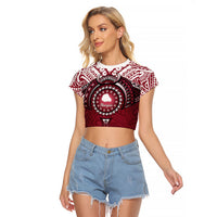 Personalised Cook Islands Mangaia Raglan Cropped T Shirt Map With Kuki Airani Manta Ray Tattoo LT14 Female Maroon - Polynesian Pride