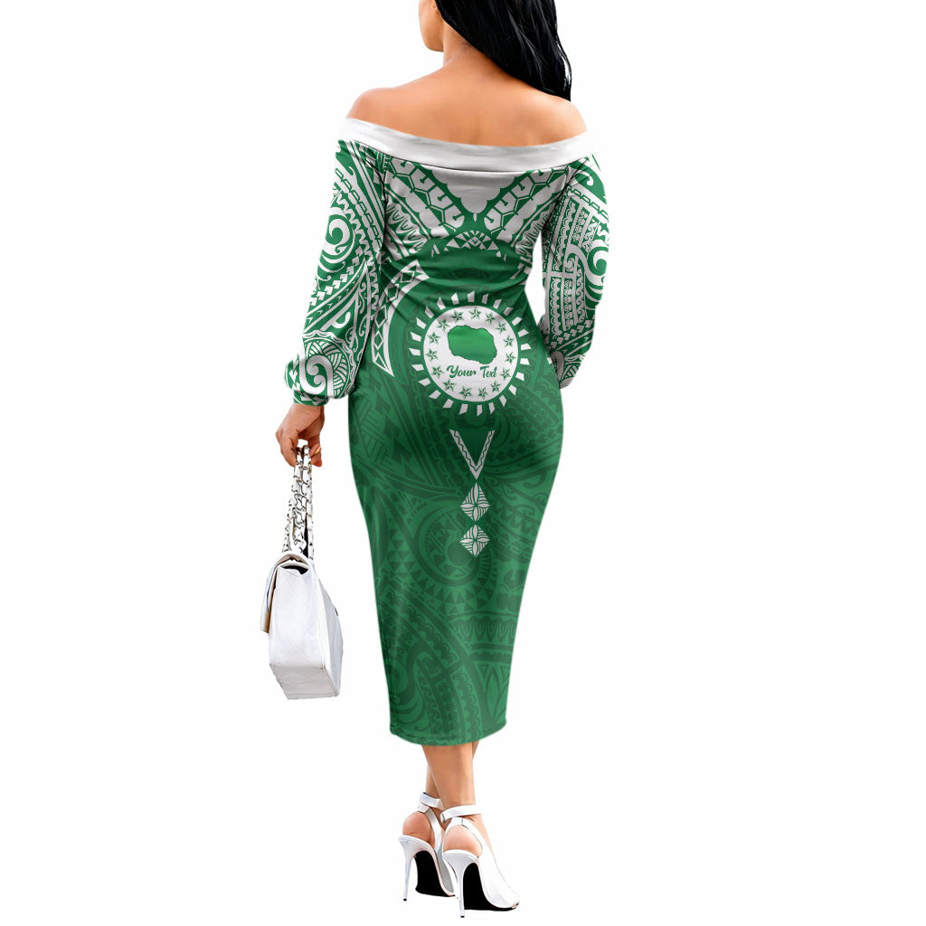 Personalised Cook Islands Rarotonga Off The Shoulder Long Sleeve Dress Map With Kuki Airani Manta Ray Tattoo LT14 - Polynesian Pride