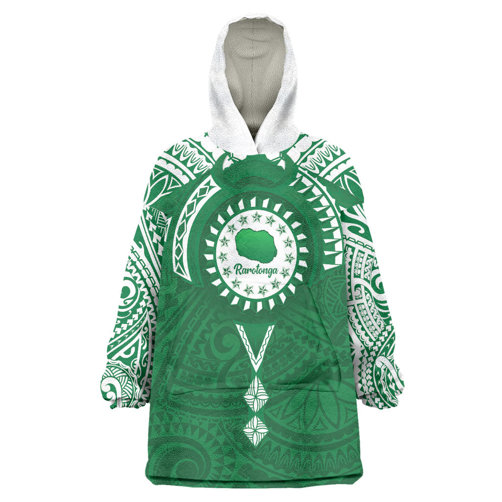 Personalised Cook Islands Rarotonga Wearable Blanket Hoodie Map With Kuki Airani Manta Ray Tattoo LT14 One Size Green - Polynesian Pride