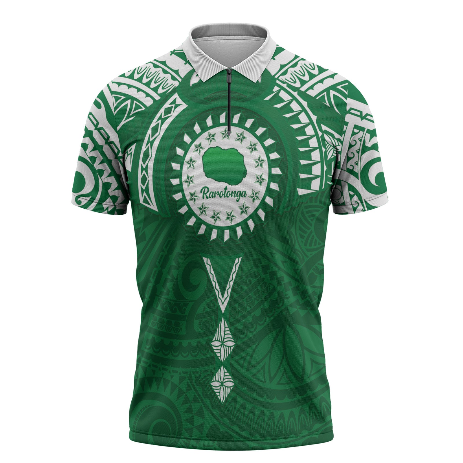 Personalised Cook Islands Rarotonga Zipper Polo Shirt Map With Kuki Airani Manta Ray Tattoo LT14 Green - Polynesian Pride