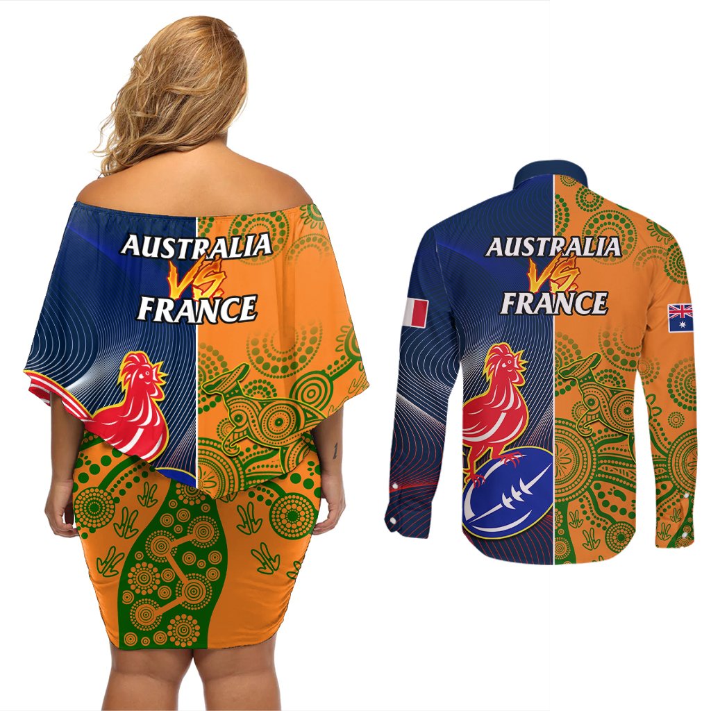 France And Australia Rugby Couples Matching Off Shoulder Short Dress and Long Sleeve Button Shirts 2023 World Cup Le Bleus Wallabies Together LT14 - Polynesian Pride