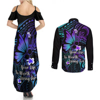 Polynesia Suicide Prevention Awareness Couples Matching Summer Maxi Dress and Long Sleeve Button Shirts Your Life Is Worth Living For Polynesian Blue Pattern LT14 - Polynesian Pride