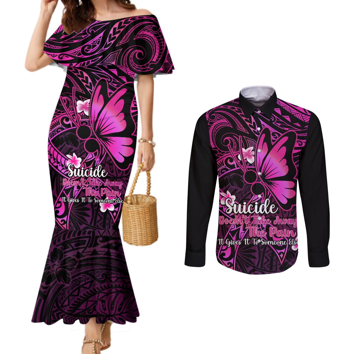 Polynesia Suicide Prevention Awareness Couples Matching Mermaid Dress and Long Sleeve Button Shirts Your Life Is Worth Living For Polynesian Pink Pattern LT14 Pink - Polynesian Pride