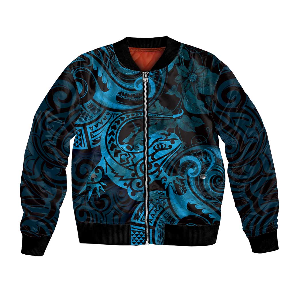 New Zealand Tuatara Bomber Jacket Aotearoa Maori Clematis Flowers - Blue LT14 Unisex Blue - Polynesian Pride