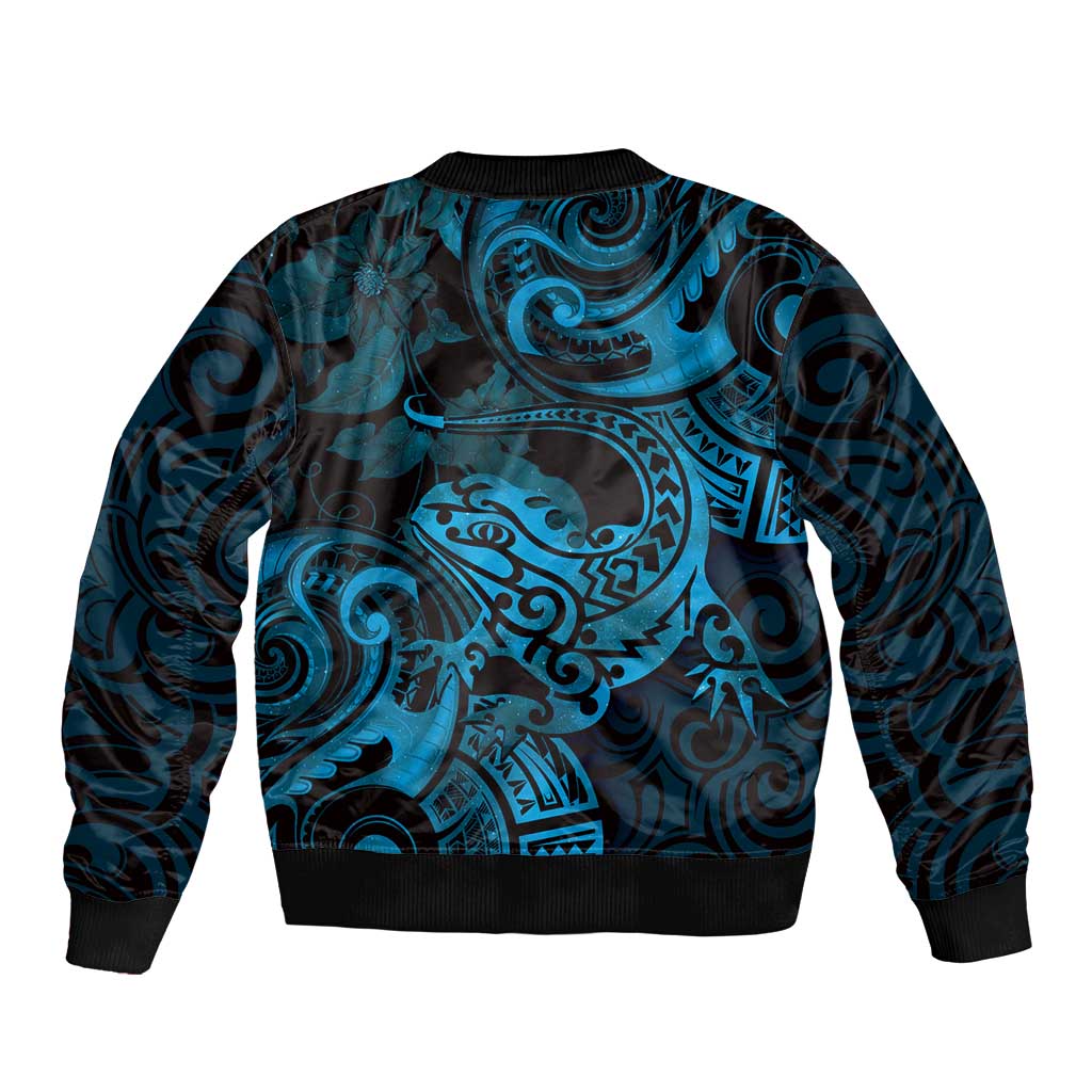 New Zealand Tuatara Bomber Jacket Aotearoa Maori Clematis Flowers - Blue LT14 - Polynesian Pride