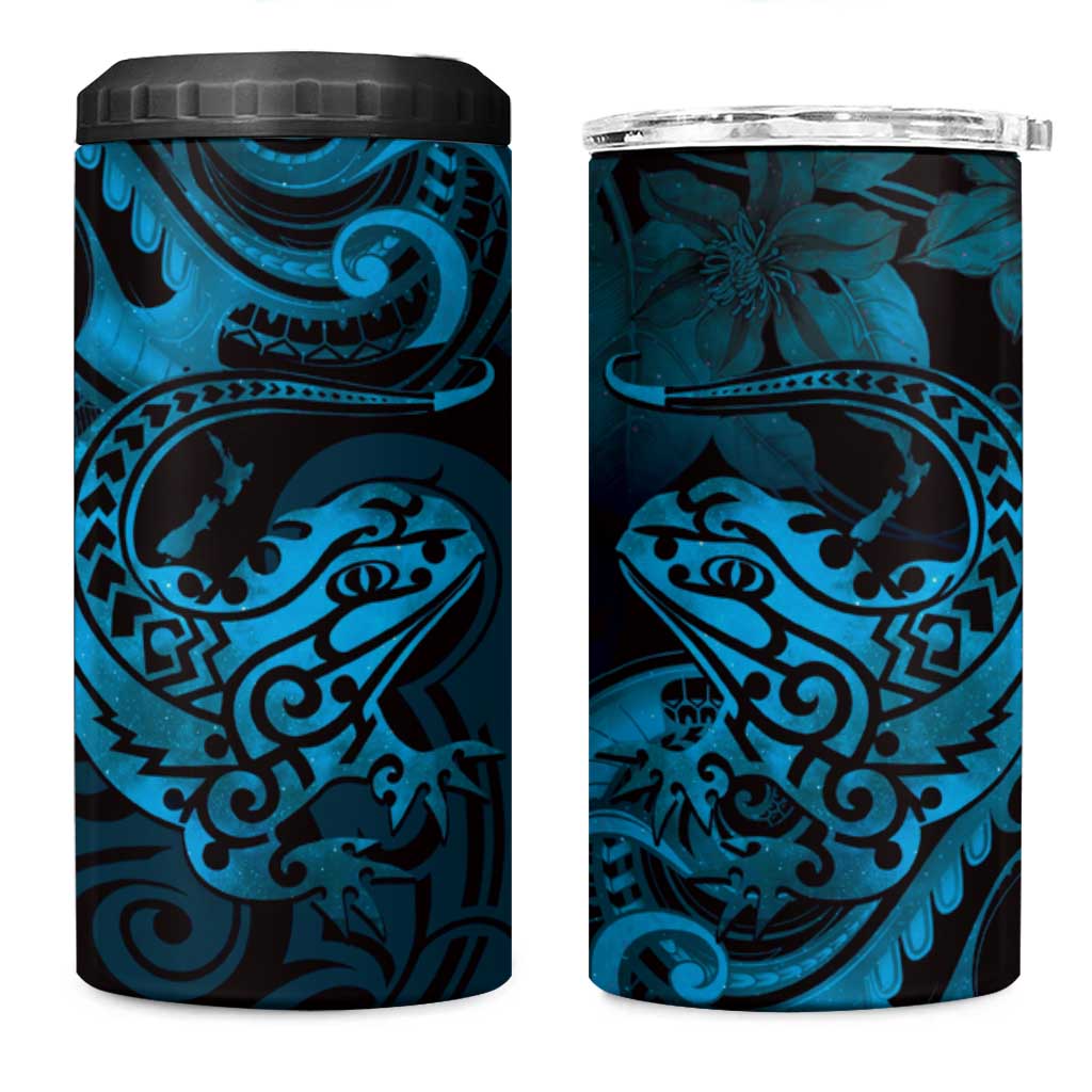 New Zealand Tuatara 4 in 1 Can Cooler Tumbler Aotearoa Maori Clematis Flowers - Blue LT14 One Size: 16 oz Blue - Polynesian Pride