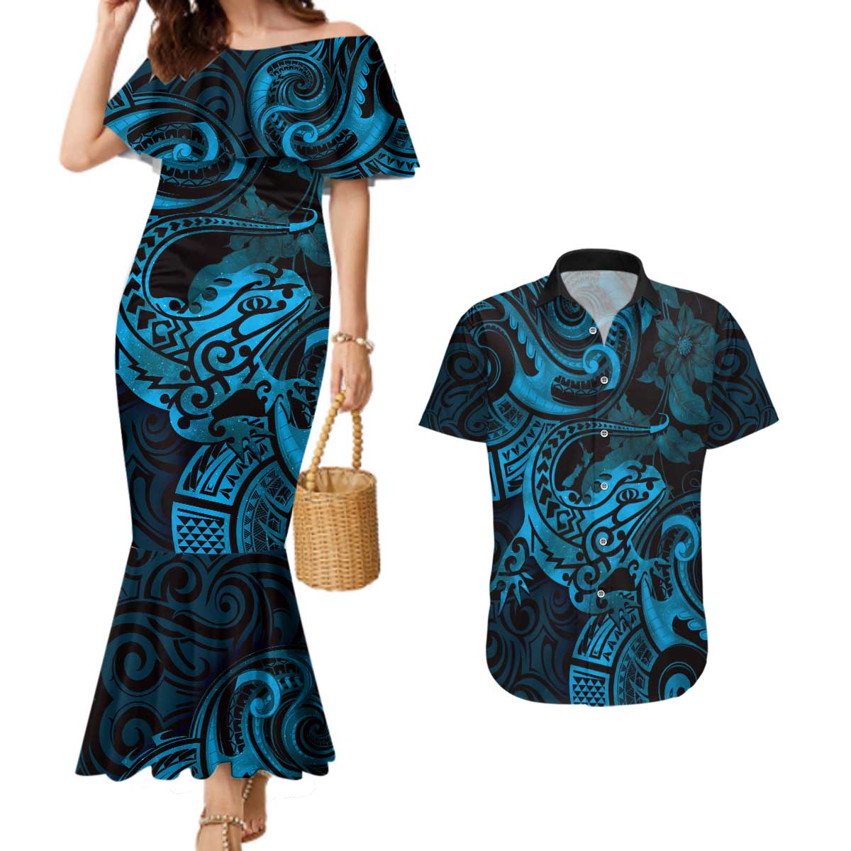 New Zealand Tuatara Couples Matching Mermaid Dress and Hawaiian Shirt Aotearoa Maori Clematis Flowers - Blue LT14 Blue - Polynesian Pride