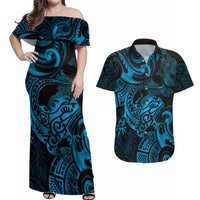 New Zealand Tuatara Couples Matching Off Shoulder Maxi Dress and Hawaiian Shirt Aotearoa Maori Clematis Flowers - Blue LT14 Blue - Polynesian Pride