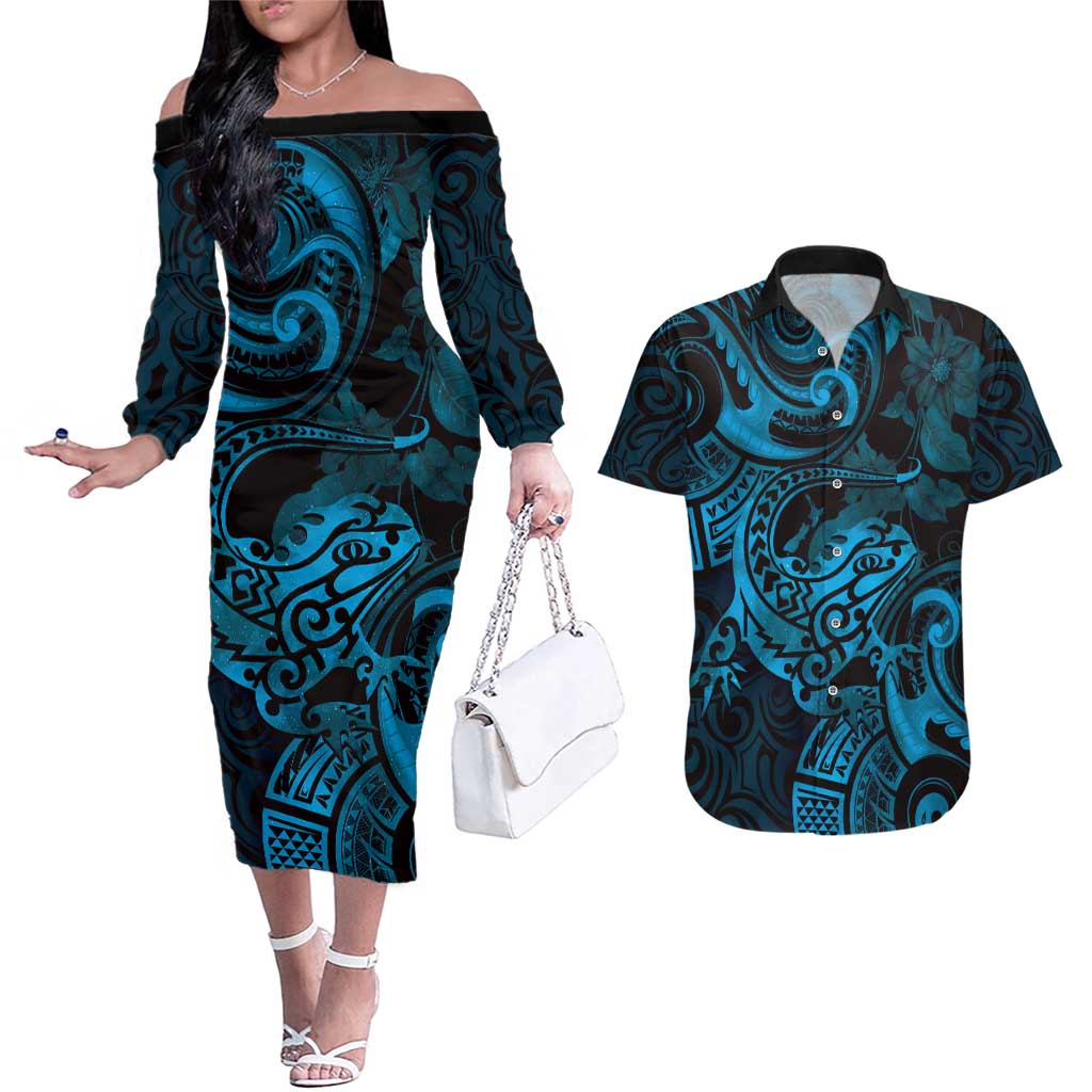 New Zealand Tuatara Couples Matching Off The Shoulder Long Sleeve Dress and Hawaiian Shirt Aotearoa Maori Clematis Flowers - Blue LT14 Blue - Polynesian Pride
