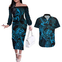 New Zealand Tuatara Couples Matching Off The Shoulder Long Sleeve Dress and Hawaiian Shirt Aotearoa Maori Clematis Flowers - Blue LT14 Blue - Polynesian Pride
