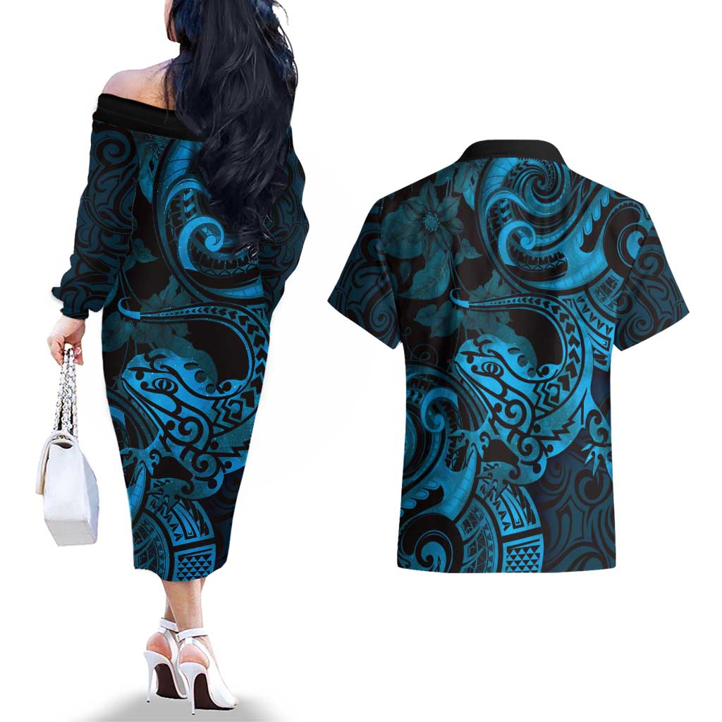 New Zealand Tuatara Couples Matching Off The Shoulder Long Sleeve Dress and Hawaiian Shirt Aotearoa Maori Clematis Flowers - Blue LT14 - Polynesian Pride