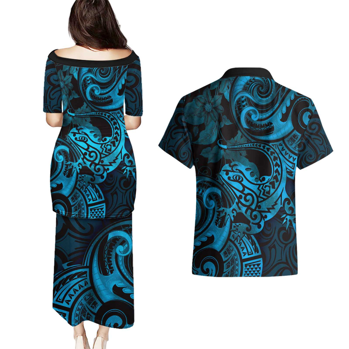 New Zealand Tuatara Couples Matching Puletasi and Hawaiian Shirt Aotearoa Maori Clematis Flowers - Blue LT14 - Polynesian Pride
