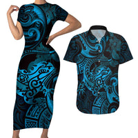 New Zealand Tuatara Couples Matching Short Sleeve Bodycon Dress and Hawaiian Shirt Aotearoa Maori Clematis Flowers - Blue LT14 Blue - Polynesian Pride