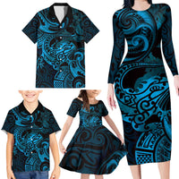 New Zealand Tuatara Family Matching Long Sleeve Bodycon Dress and Hawaiian Shirt Aotearoa Maori Clematis Flowers - Blue LT14 - Polynesian Pride
