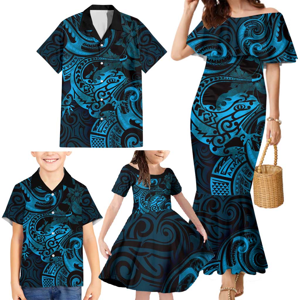New Zealand Tuatara Family Matching Mermaid Dress and Hawaiian Shirt Aotearoa Maori Clematis Flowers - Blue LT14 - Polynesian Pride