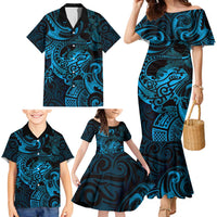 New Zealand Tuatara Family Matching Mermaid Dress and Hawaiian Shirt Aotearoa Maori Clematis Flowers - Blue LT14 - Polynesian Pride