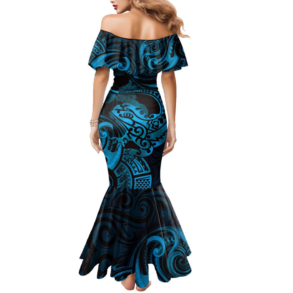 New Zealand Tuatara Family Matching Mermaid Dress and Hawaiian Shirt Aotearoa Maori Clematis Flowers - Blue LT14 - Polynesian Pride