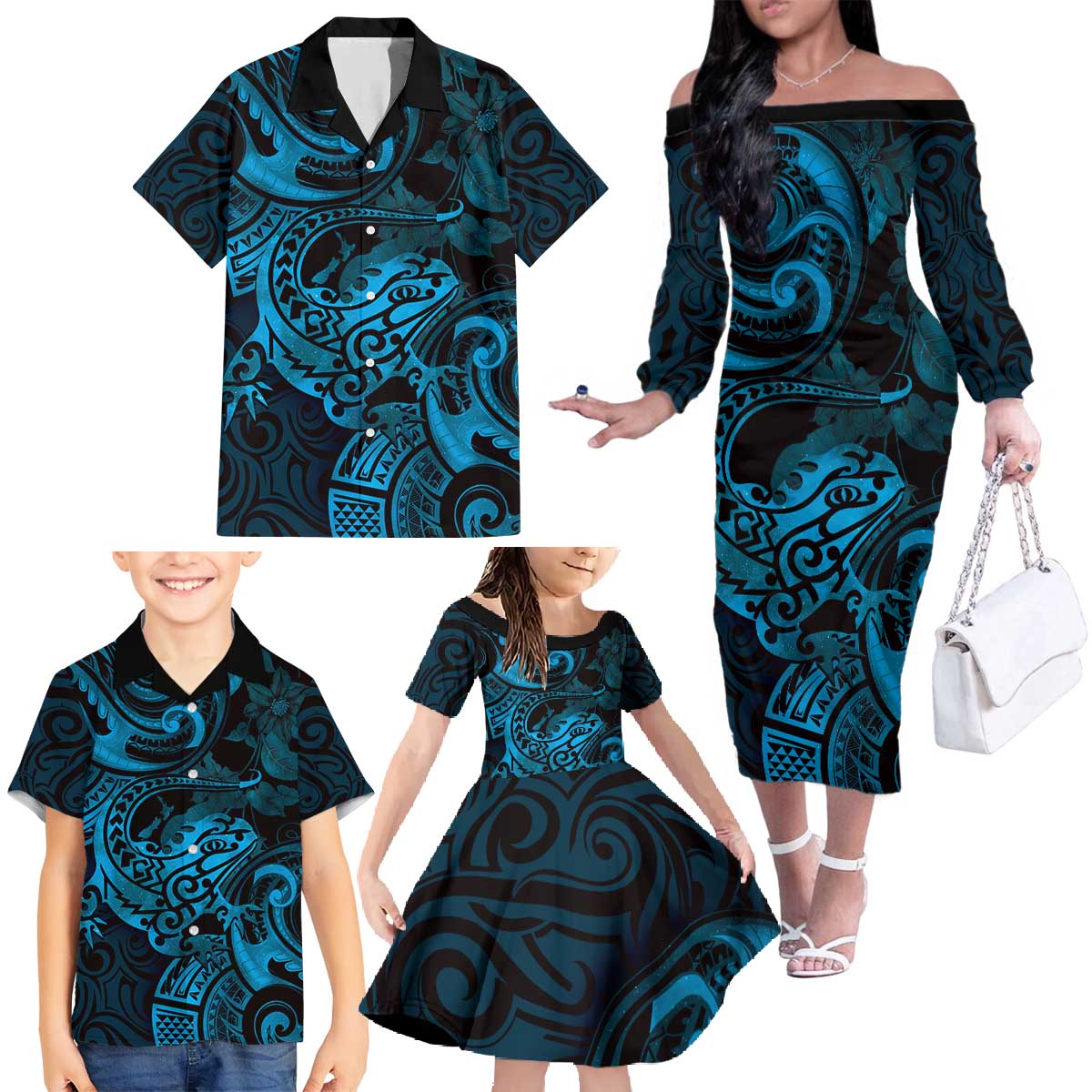 New Zealand Tuatara Family Matching Off The Shoulder Long Sleeve Dress and Hawaiian Shirt Aotearoa Maori Clematis Flowers - Blue LT14 - Polynesian Pride