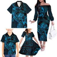 New Zealand Tuatara Family Matching Off The Shoulder Long Sleeve Dress and Hawaiian Shirt Aotearoa Maori Clematis Flowers - Blue LT14 - Polynesian Pride