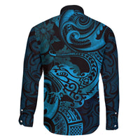 New Zealand Tuatara Family Matching Off The Shoulder Long Sleeve Dress and Hawaiian Shirt Aotearoa Maori Clematis Flowers - Blue LT14 - Polynesian Pride