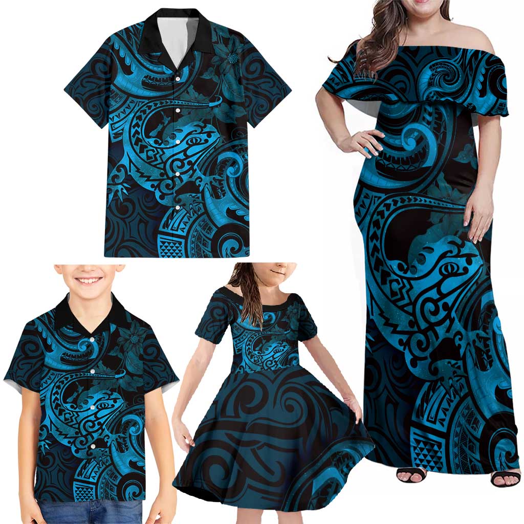 New Zealand Tuatara Family Matching Off Shoulder Maxi Dress and Hawaiian Shirt Aotearoa Maori Clematis Flowers - Blue LT14 - Polynesian Pride