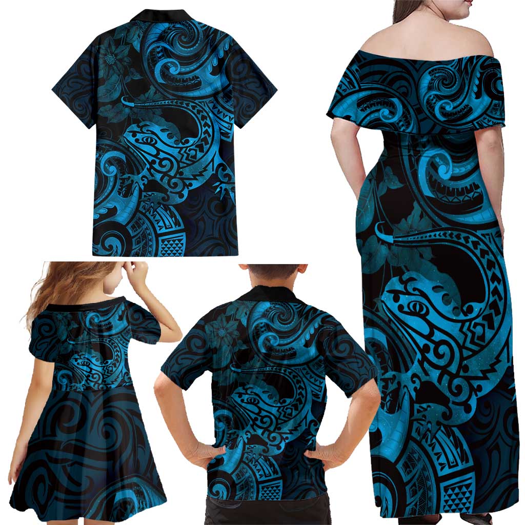 New Zealand Tuatara Family Matching Off Shoulder Maxi Dress and Hawaiian Shirt Aotearoa Maori Clematis Flowers - Blue LT14 - Polynesian Pride