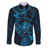 New Zealand Tuatara Family Matching Off Shoulder Maxi Dress and Hawaiian Shirt Aotearoa Maori Clematis Flowers - Blue LT14 Dad's Shirt - Long Sleeve Blue - Polynesian Pride